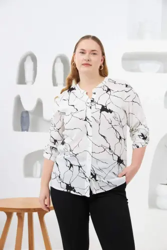 Arm Epaulette Detailed Plus Size Mandarin Collar Shirt Ecru - 1