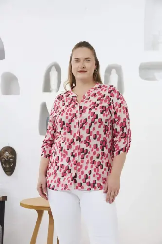 Arm Epaulette Detailed Plus Size Mandarin Collar Shirt Pink - 10