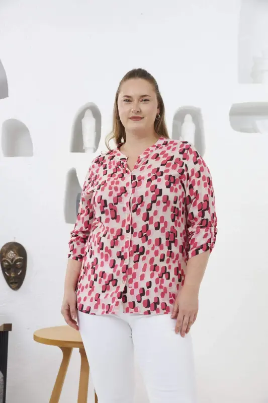 Arm Epaulette Detailed Plus Size Mandarin Collar Shirt Pink - 10