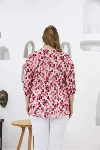 Arm Epaulette Detailed Plus Size Mandarin Collar Shirt Pink - 5