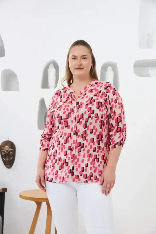 Arm Epaulette Detailed Plus Size Mandarin Collar Shirt Pink - 1