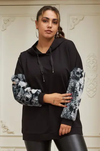 Arm Fur Detailed Plus Size Black Sweatshirt - 1