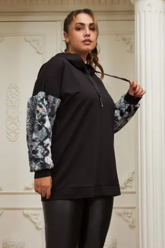 Arm Fur Detailed Plus Size Black Sweatshirt - BÜYÜKBEDENIZ (1)