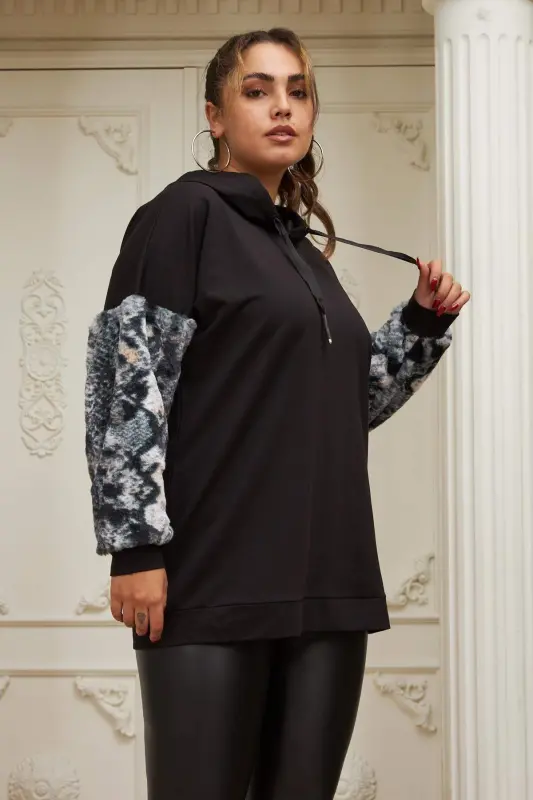 Arm Fur Detailed Plus Size Black Sweatshirt - 2