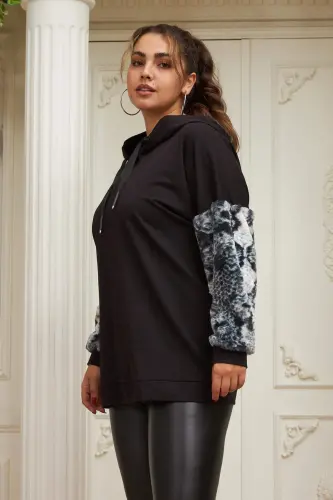 Arm Fur Detailed Plus Size Black Sweatshirt - 3