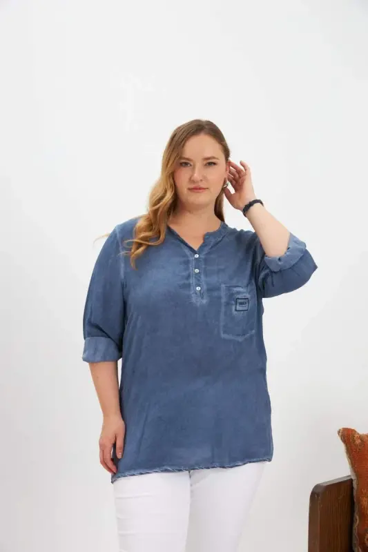 Arma Detayli Katta Katta Yuvilgan Bluz Indigo - 4