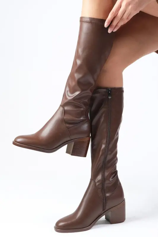Armande Brown Stretch, Chunky Heel Women's Boot-Brown - 1