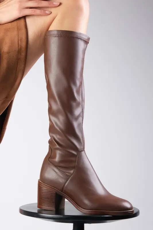 Armande Brown Stretch, Chunky Heel Women's Boot-Brown - 4