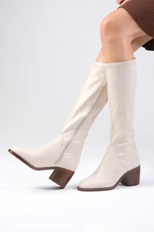 Armande Nude Stretch, Chunky Heeled Women's Boot-Nude - MIO GUSTO