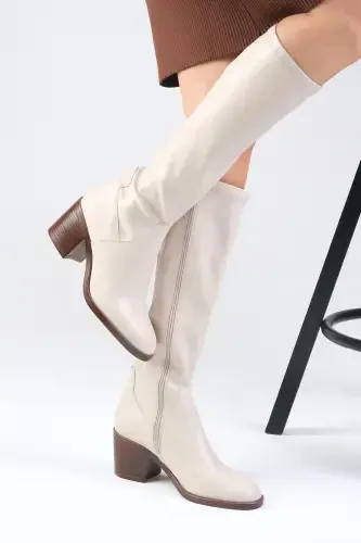 Armande Nude Stretch, Chunky Heeled Women's Boot-Nude - 2