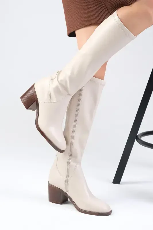 Armande Nude Stretch, Chunky Heeled Women's Boot-Nude - 2