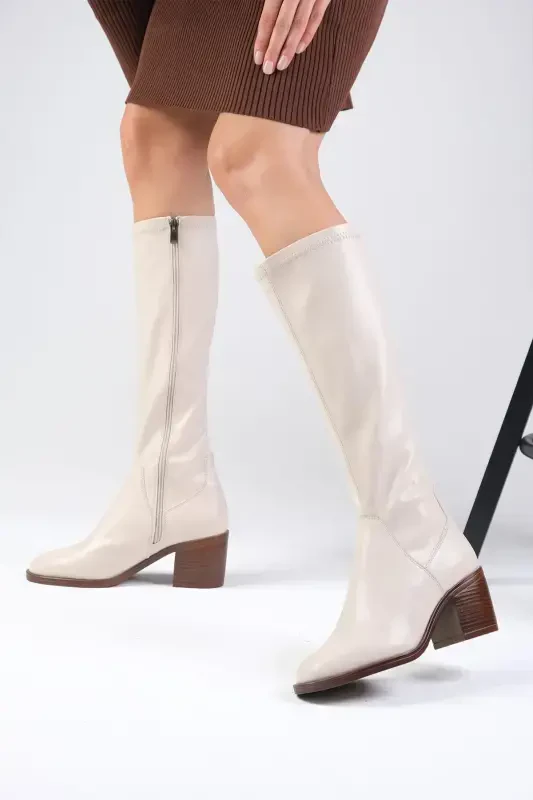 Armande Nude Stretch, Chunky Heeled Women's Boot-Nude - 3