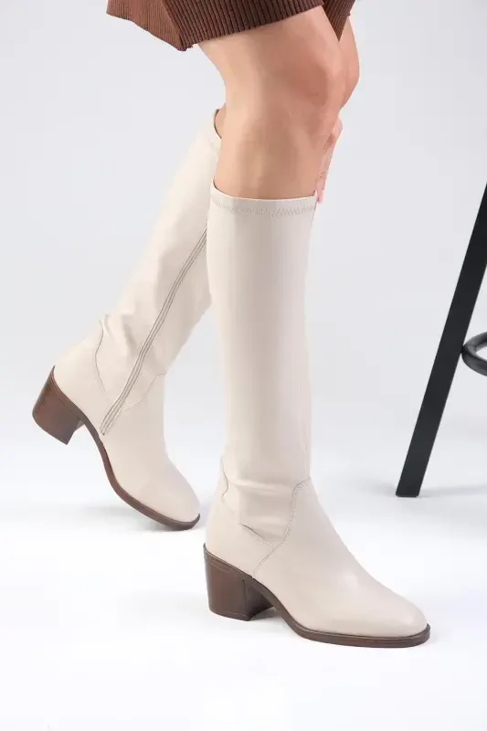 Armande Nude Stretch, Chunky Heeled Women's Boot-Nude - 4