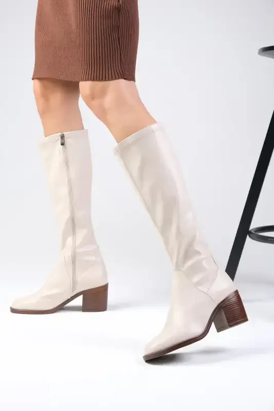 Armande Nude Stretch, Chunky Heeled Women's Boot-Nude - 5