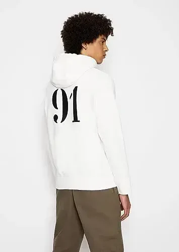 Armani Exchange Men's Cotton French Terry Utility Logo Drop Shoulder Pullover Hoodie Sweatshirt, Off White, Small - 4