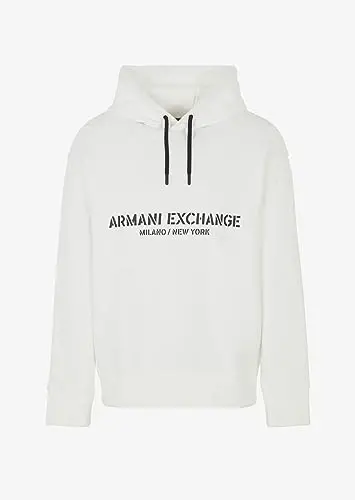 Armani Exchange Men's Cotton French Terry Utility Logo Drop Shoulder Pullover Hoodie Sweatshirt, Off White, Small - 3