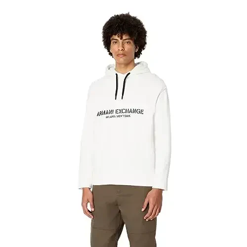 Armani Exchange Men's Cotton French Terry Utility Logo Drop Shoulder Pullover Hoodie Sweatshirt, Off White, Small - 1