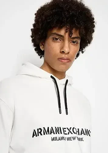 Armani Exchange Men's Cotton French Terry Utility Logo Drop Shoulder Pullover Hoodie Sweatshirt, Off White, Small - 5