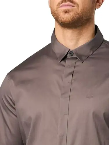 Armani Exchange Мужская рубашка с длинным рукавом, облегающая однотонная на пуговицах. - 3