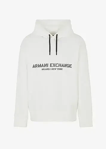 Armani Exchange Мужская хлопковая френч-терри толстовка с капюшоном, логотипом и приспущенными плечами, цвет Off White, размер S - 3