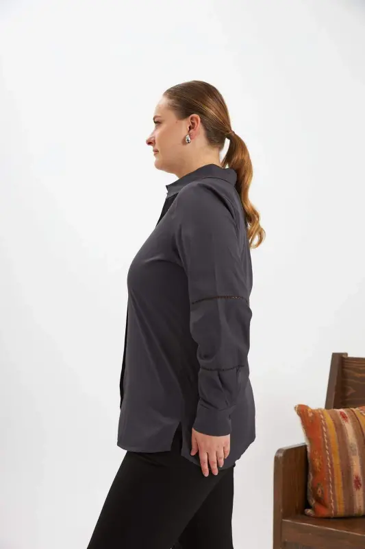Armhole Crochet Detailed Plus Size Shirt Anthracite - 2