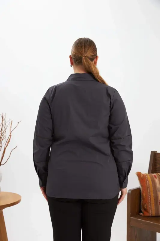 Armhole Crochet Detailed Plus Size Shirt Anthracite - 3