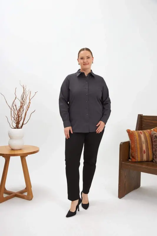 Armhole Crochet Detailed Plus Size Shirt Anthracite - 4