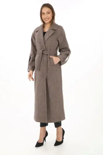 Armhole Epaulette Lined Cashmere Wool Coat - Mink - BÜYÜKBEDENIZ (1)