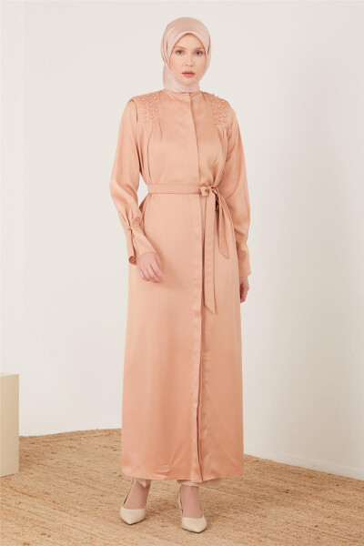 Armine Adjustable Sleeve Beaded Abaya 23Y8402 Latte - ARMINE