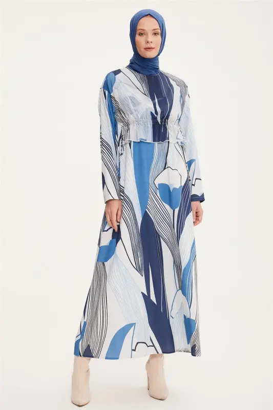 Armine Adjustable Waist Patterned Dress 22K9519 Blue - ARMINE