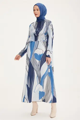 Armine Adjustable Waist Patterned Dress 22K9519 Blue - 2