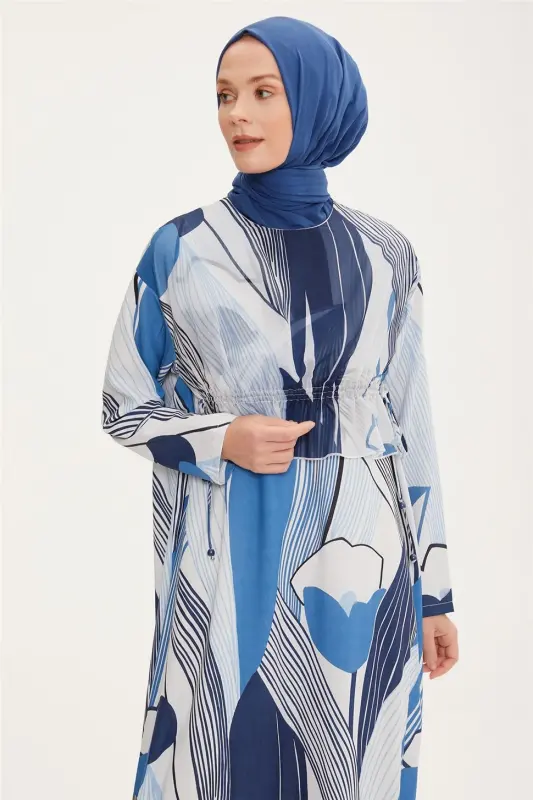 Armine Adjustable Waist Patterned Dress 22K9519 Blue - 4