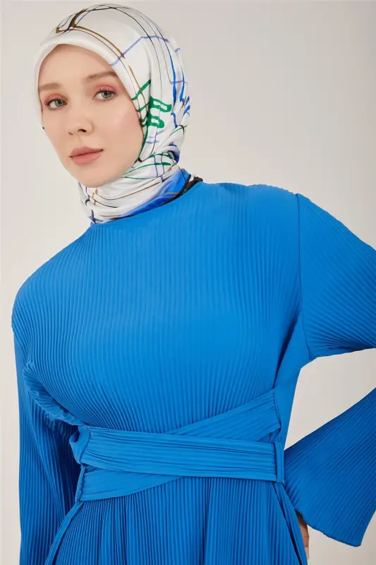 Armine Beli Çapraz Kemerli Piliseli Elbise 23Y9663 Kobalt - 3