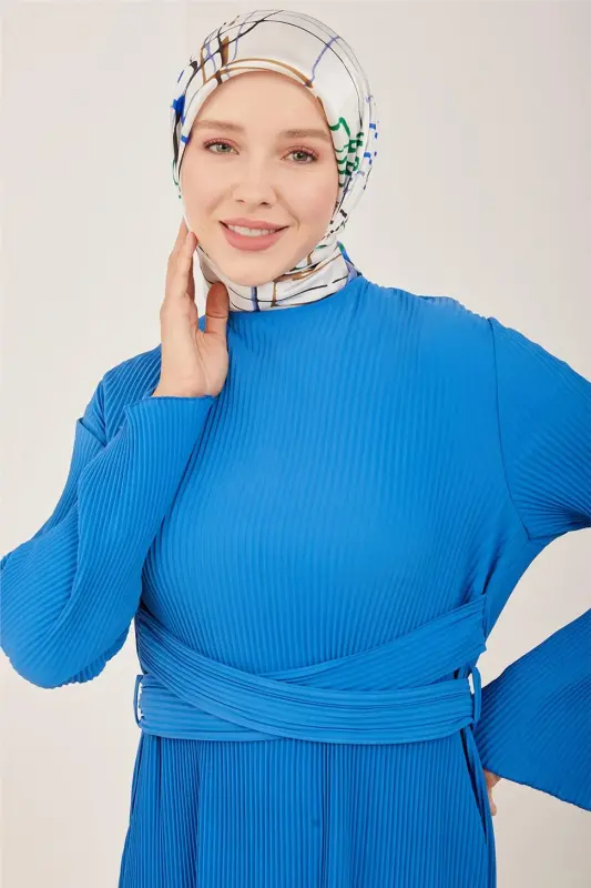 Armine Beli Çapraz Kemerli Piliseli Elbise 23Y9663 Kobalt - 4