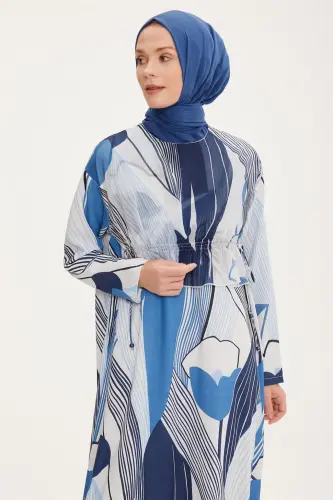 Armine Beli Sozlanadigan Naqshli Ko'ylak 22K9519 Moviy - 4