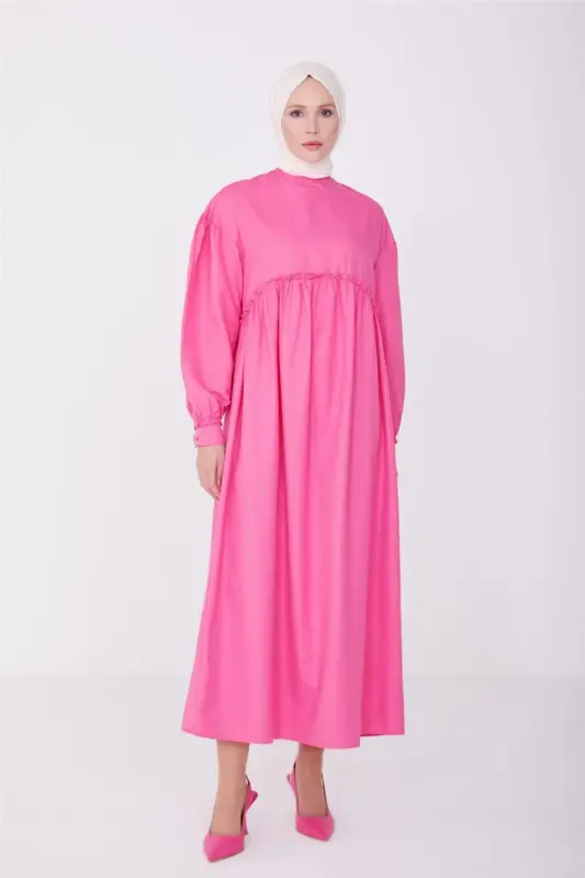Armine Beli Ve Kolu Fırfırlı Pamuk Elbise 23Y9651 Şeker Pembe - 2