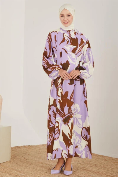 Armine Belted Printed Viscose Dress 23Y9654 Lavender - ARMINE