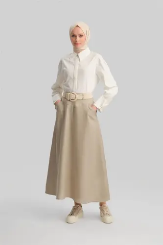 Armine Cep Detaylı Keten Etek 24Y1634 Vizon - ARMINE (1)