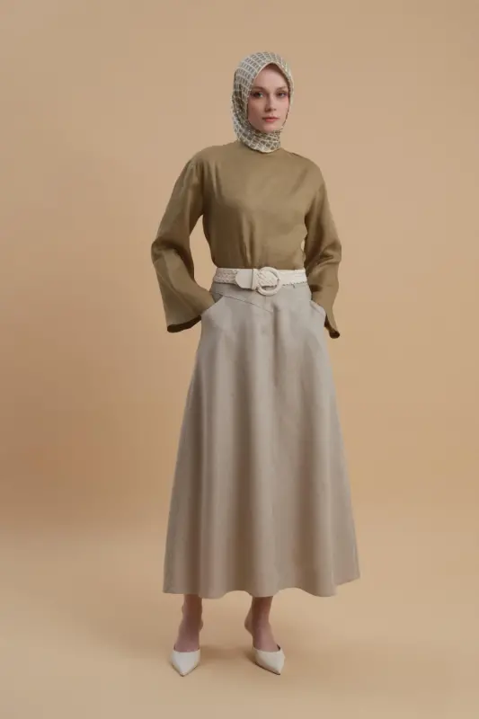 Armine Cep Detaylı Keten Etek 24Y1634 Vizon - ARMINE