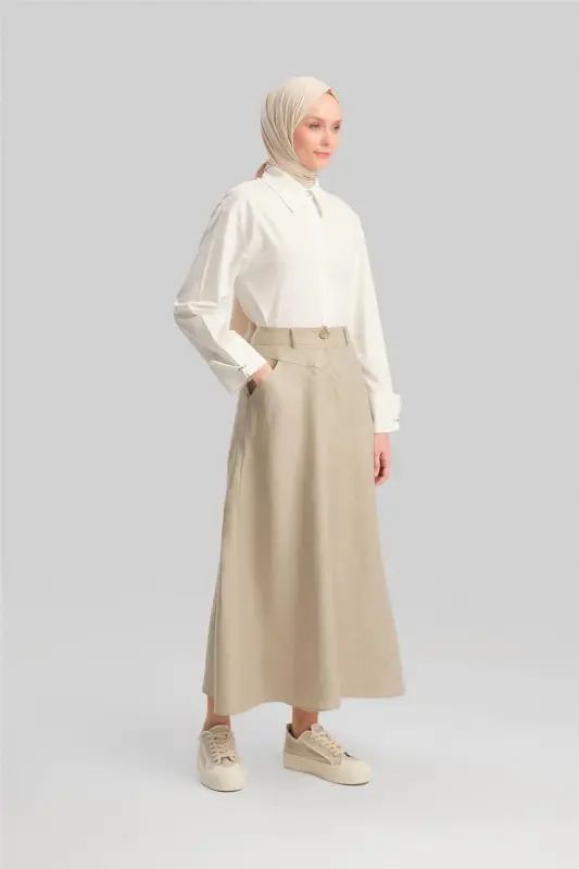 Armine Cep Detaylı Keten Etek 24Y1634 Vizon - 3