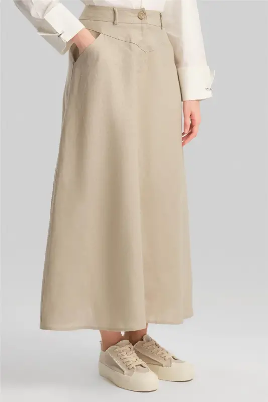 Armine Cep Detaylı Keten Etek 24Y1634 Vizon - 5