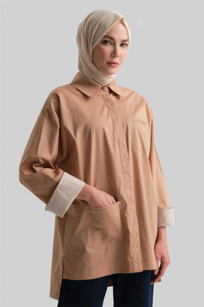 Armine Chiziqli Manjetli Ko'ylak 24Y3506 Qahva Rang - 3
