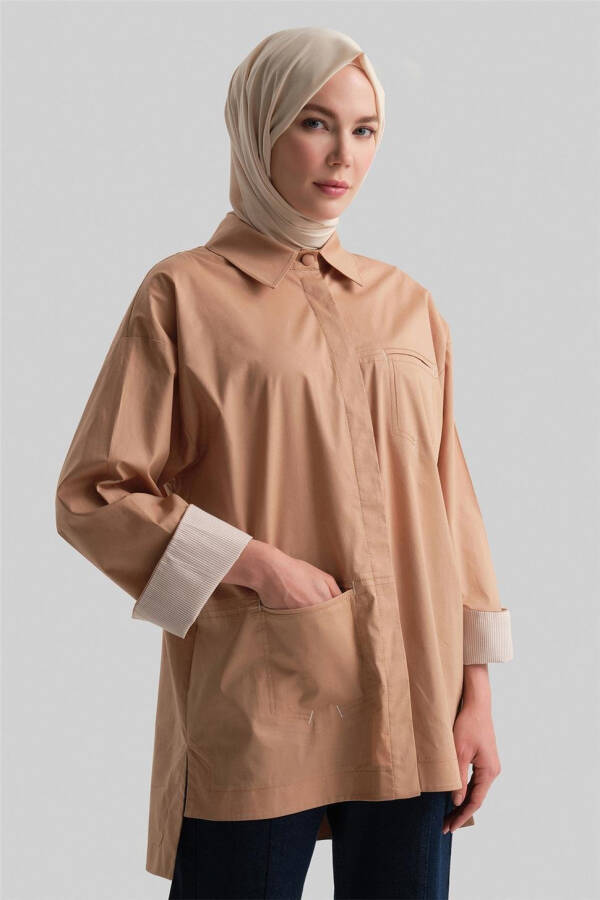 Armine Chiziqli Manjetli Ko'ylak 24Y3506 Qahva Rang - 3