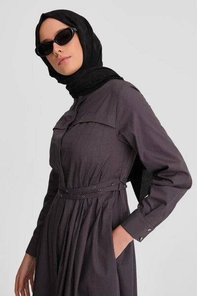 Armine Cotton Dress with Cross Belt 24K9903, Anthracite - 3