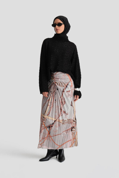 Armine Dikey Büzgülü Desenli Etek 24K1711 Vizon - 10