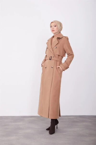 Armine Double-Breasted Coat with Epaulettes 23K8613 Camel - ARMINE