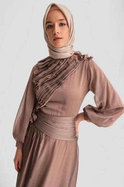 Armine Draped and Embroidered Evening Dress 24K9914 Bronze - 10