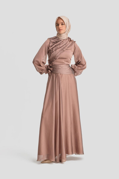 Armine Drapeli ve İşlemeli Abiye Elbise 24K9914 Bronz - 7