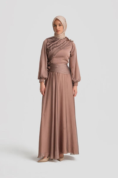 Armine Drapeli ve İşlemeli Abiye Elbise 24K9914 Bronz - 8