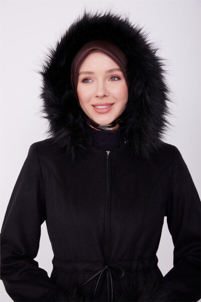 Armine Fur Collar and Hood Coat 23K8617 Black - 6